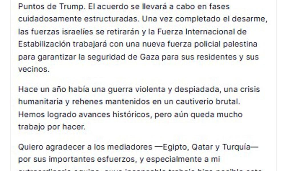 Captura de una publicación en la cuenta @realDonaldTrump en Truth Social del presidente de EE.UU., Donald Trump, donde anuncia que la Junta de Paz alcanzó un acuerdo para el "desarme total" de Hamás y otros grupos armados en Gaza, un paso que calificó de "histórico" hacia la creación de un nuevo gobierno palestino en el enclave. EFE/ @realDonaldTrump