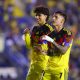 Kevin Alvarez (i) y Paul Rodríguez de América celebran un gol. Imagen de archivo. EFE/Sáshenka Gutiérrez