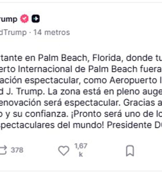 Captura de una publicación en la cuenta en Truth Social @realDonaldTrump del presidente de EE.UU., Donald Trump, donde agradece que el Aeropuerto Internacional de Palm Beach, en el sur de Florida, cambiara de forma oficial su nombre por el de Donald Trump. EFE/ @realDonaldTrump