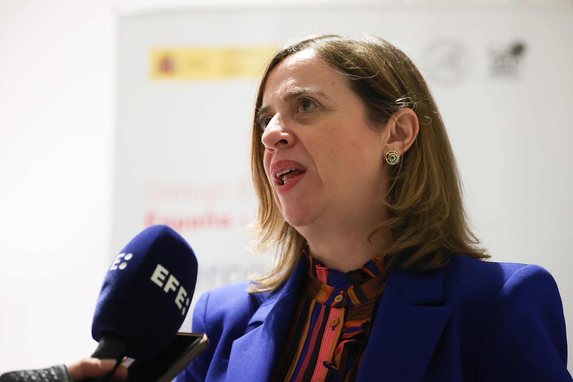 La secretaria de Estado de Comercio del Gobierno de España, Amparo López Senovilla, habla durante una entrevista con EFE este martes, en Asunción (Paraguay). EFE/ Juan Pablo Pino