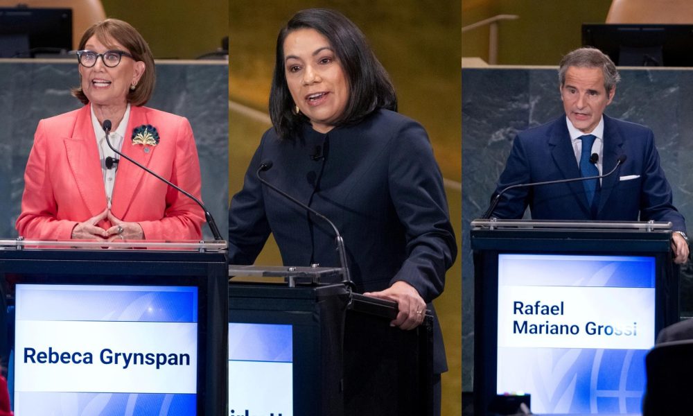 Composición de tres fotografías cedidas por la ONU que muestran a la costarricense Rebeca Grynspan (i), la guyanesa Carolyn Rodrigues-Birkett (c), y el argentino Rafael Grossi, quienes este jueves resultaron los candidatos más respaldados en el primer sondeo del Consejo de Seguridad para elegir al próximo secretario general de la ONU, indicaron a EFE fuentes diplomáticas. EFE/ Eskinder Debebe/ ONU /SOLO USO EDITORIAL/ NO VENTAS/ SOLO DISPONIBLE PARA ILUSTRAR LA NOTICIA QUE ACOMPAÑA (CRÉDITO OBLIGATORIO)