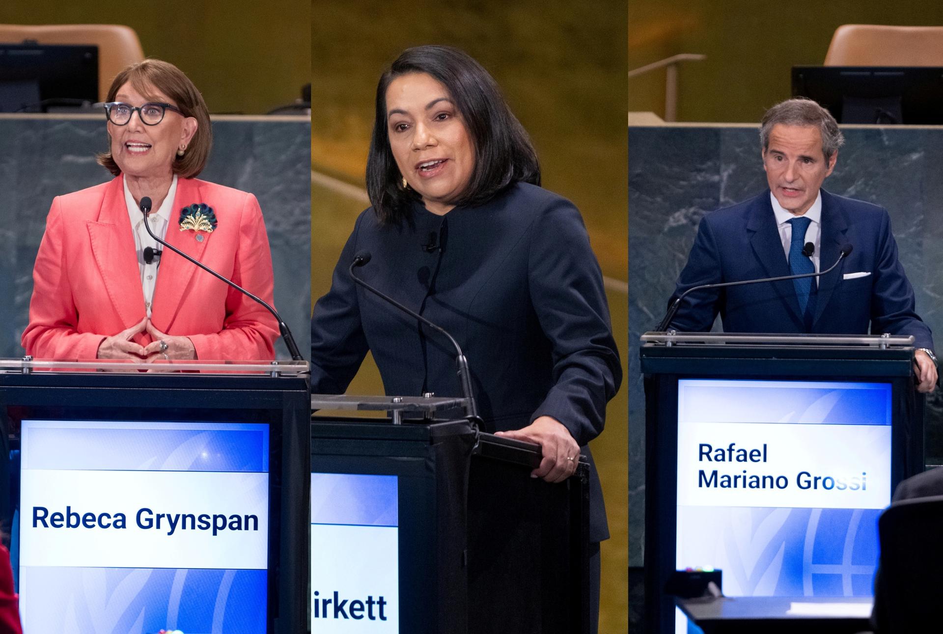 Composición de tres fotografías cedidas por la ONU que muestran a la costarricense Rebeca Grynspan (i), la guyanesa Carolyn Rodrigues-Birkett (c), y el argentino Rafael Grossi, quienes este jueves resultaron los candidatos más respaldados en el primer sondeo del Consejo de Seguridad para elegir al próximo secretario general de la ONU, indicaron a EFE fuentes diplomáticas. EFE/ Eskinder Debebe/ ONU /SOLO USO EDITORIAL/ NO VENTAS/ SOLO DISPONIBLE PARA ILUSTRAR LA NOTICIA QUE ACOMPAÑA (CRÉDITO OBLIGATORIO)