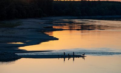 En la imagen del pasado martes, pescadores en un banco de arena descubierto por el bajo nivel del agua del Danubio en Vamosszabadi, noroeste de Hungría. EFE/EPA/Csaba Krizsan. PROHIBIDA SU PUBLICACIÓN EN HUNGRÍA.