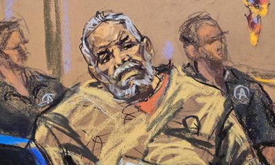 Fotografía de un dibujo realizado por la artista Jane Rosenberg donde aparece el narcotraficante mexicano Ismael 'El Mayo' Zambada condenado a cadena perpetua este lunes, tras ser hallado culpable de tráfico de cocaína y fentanilo por la Justicia estadounidense. EFE/ Jane Rosenberg