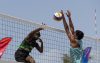 Fotografía del 30 de julio de 2026 del integrante del equipo masculino de vóley playa de San Cristóbal y Nieves Zendai Richards (i) en un partido durante los XXV Juegos Centroamericanos y del Caribe Santo Domingo 2026. EFE/ Orlando Barría
