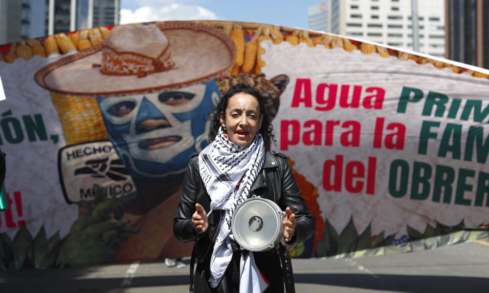 Una activista se manifiestan contra el acuerdo de cooperación en materia hídrica entre el Gobierno del norteño estado de Chihuahua e Israel, este sábado, en Ciudad de México (México). EFE/ Sáshenka Gutiérrez