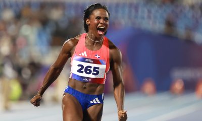 Liranyi Alonso, de República Dominicana, reacciona al ganar la final de los 100 metros femenino durante los XXV Juegos Centroamericanos y del Caribe Santo Domingo 2026, en Santo Domingo (República Dominicana). EFE/ Orlando Barría
