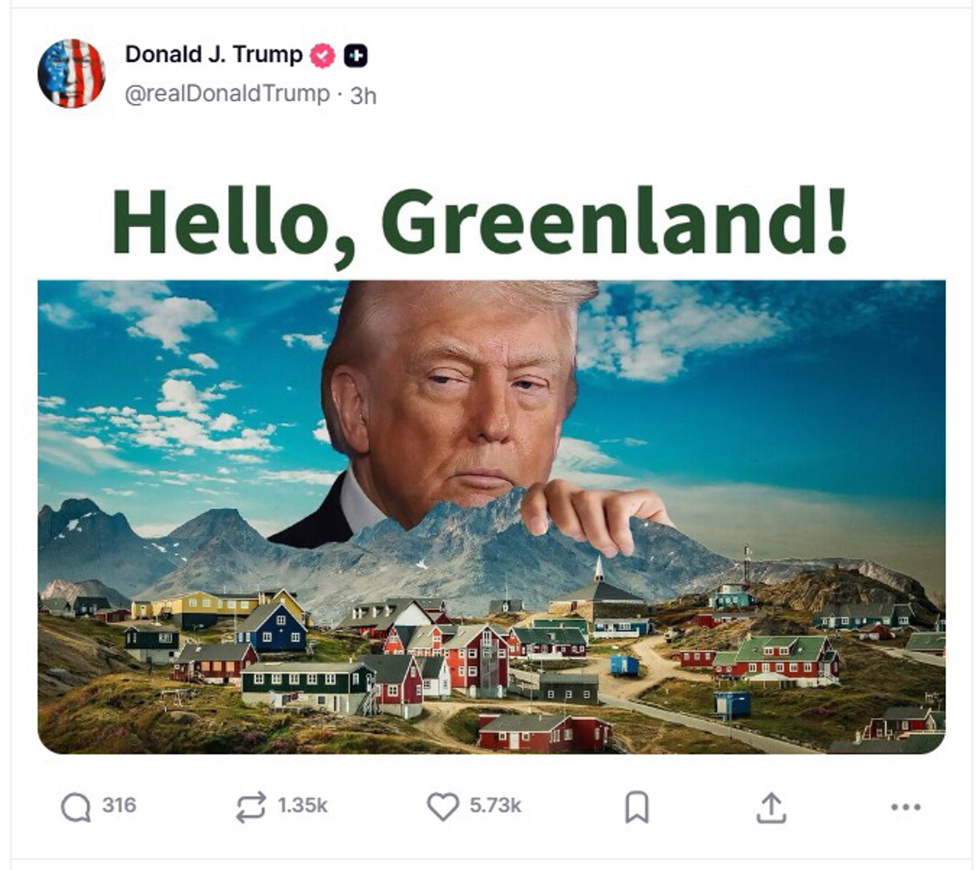 Imagen difundida en la cuenta en la red Truth Social @realDonaldTrump del presidente de EE.UU., Donald Trump, donde volvió este sábado a mostrar su interés en Groenlandia al compartir un mensaje con una fotografía suya sobre la isla con la frase, "Hello, Greenland". EFE/ @realDonaldTrump