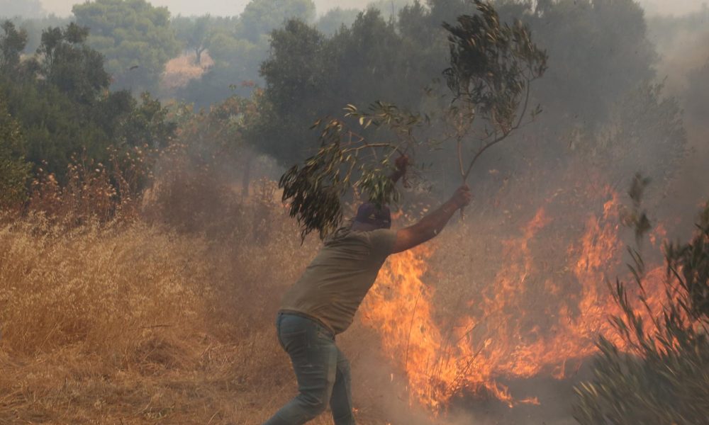 Un voluntario combate un incendio forestal en los alrededores de Mégara, en la región de Ática (Grecia), el 2 de agosto de 2026. EFE/ORESTIS PANAGIOTOU